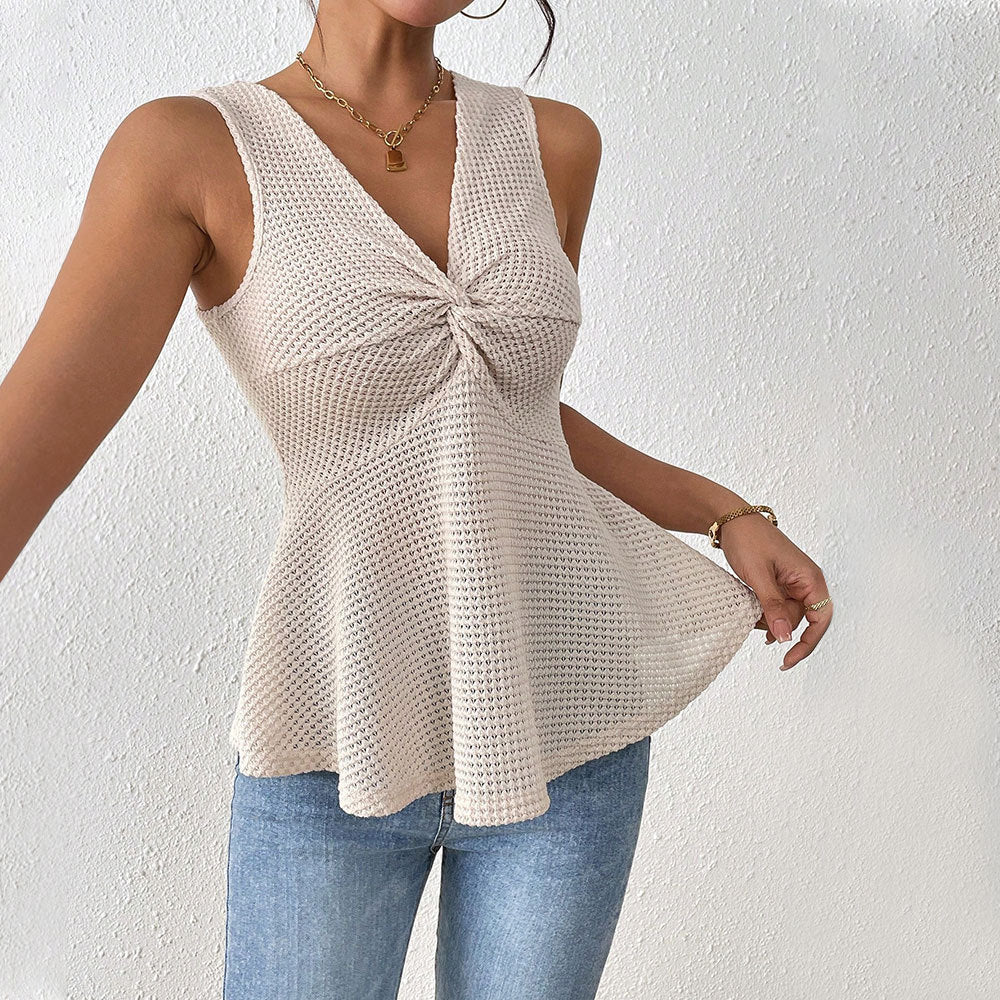 Women's Top – Slim Fit – Sleeveless – V-neck – Button Detail – Flared Model – Soft Knit - Image 2