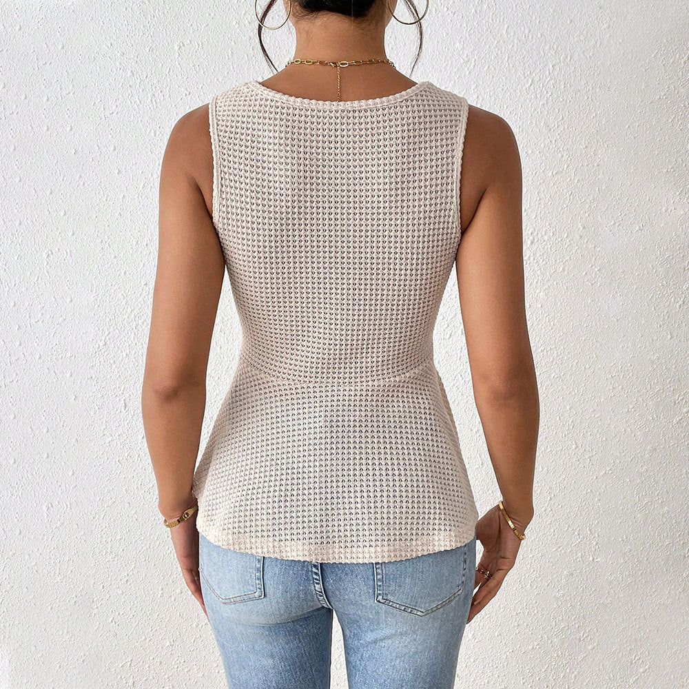 Women's Top – Slim Fit – Sleeveless – V-neck – Button Detail – Flared Model – Soft Knit - Image 3