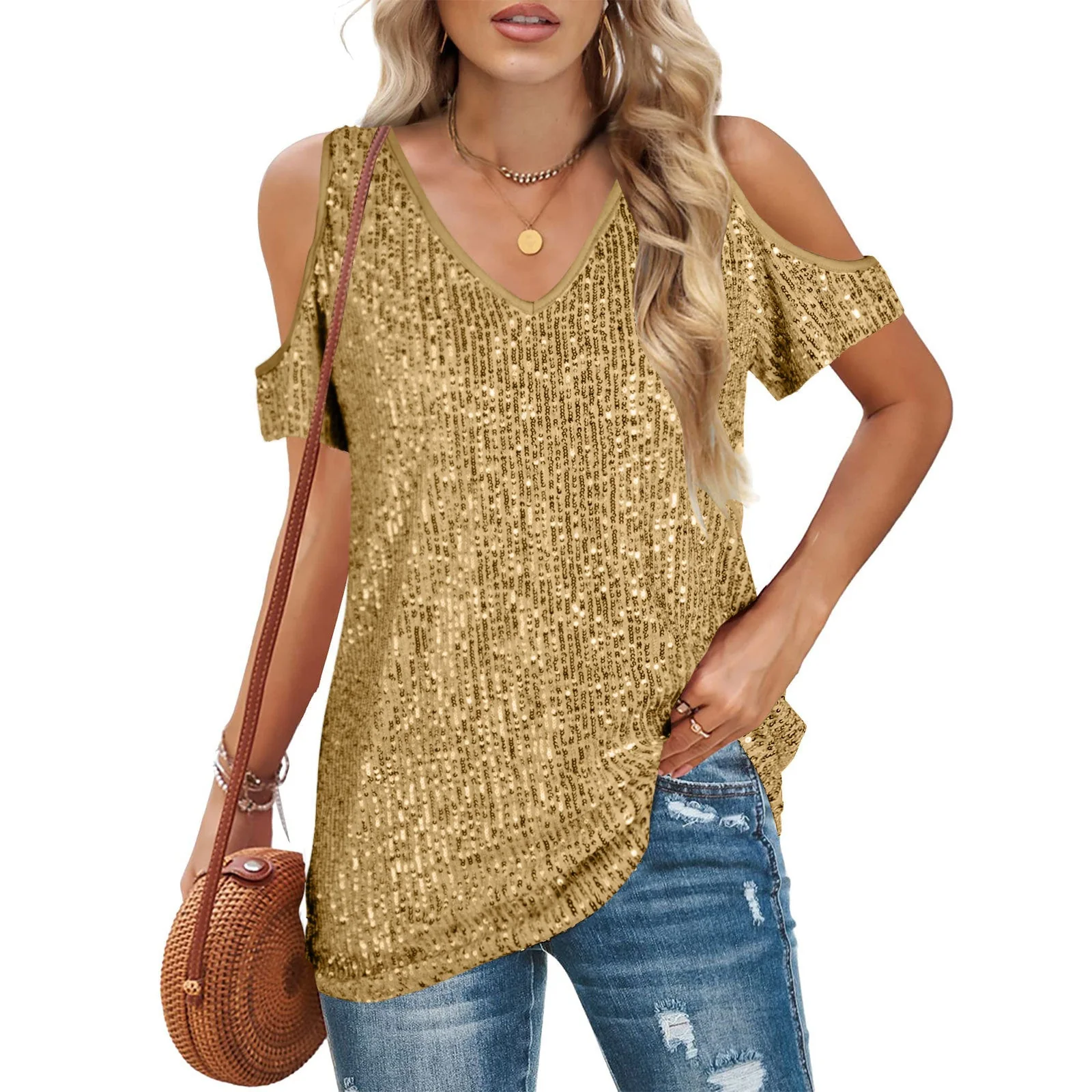 Women's Top – V-neck – Cold Shoulder – Relaxed Fit – Sequined Front - Image 2