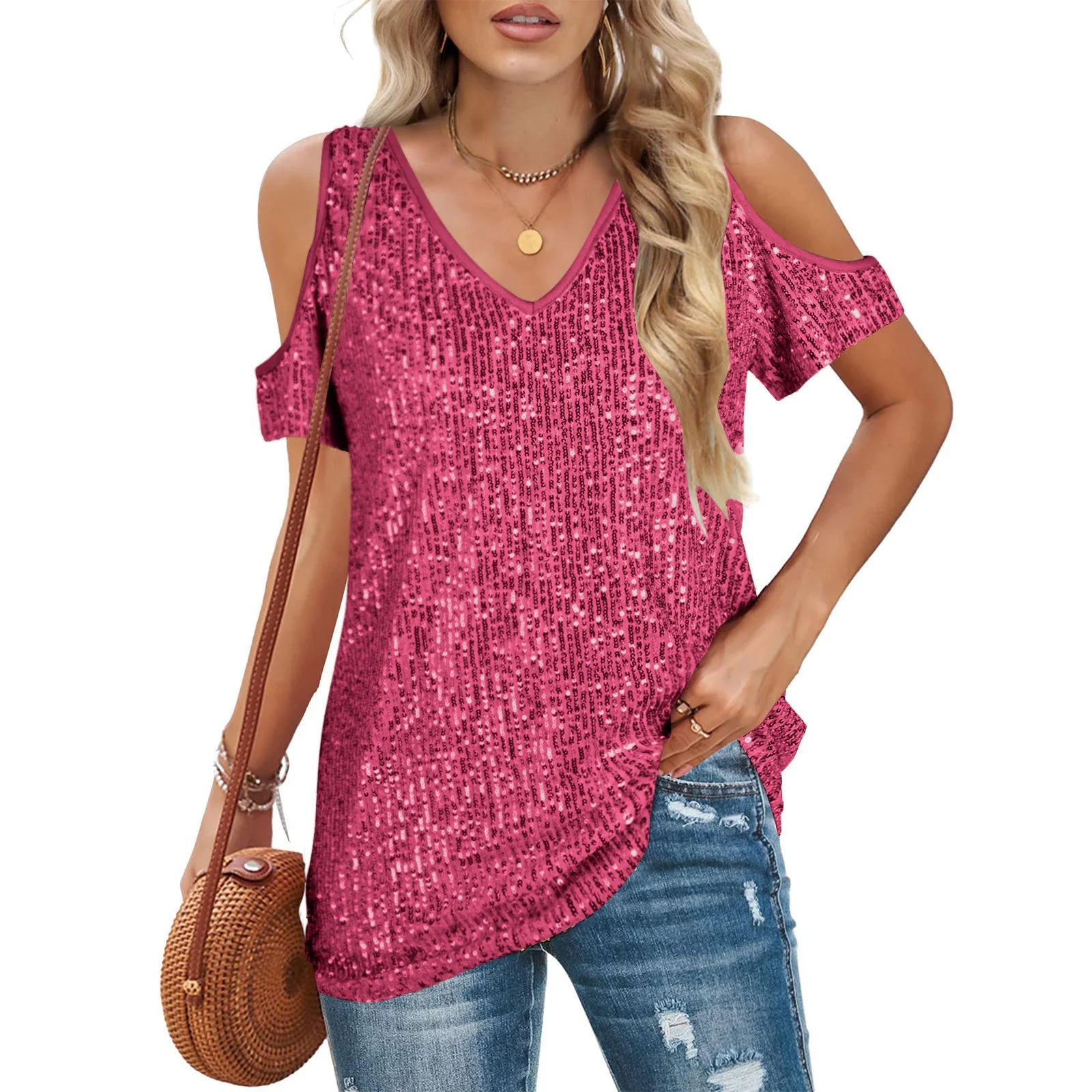 Women's Top – V-neck – Cold Shoulder – Relaxed Fit – Sequined Front - Image 3