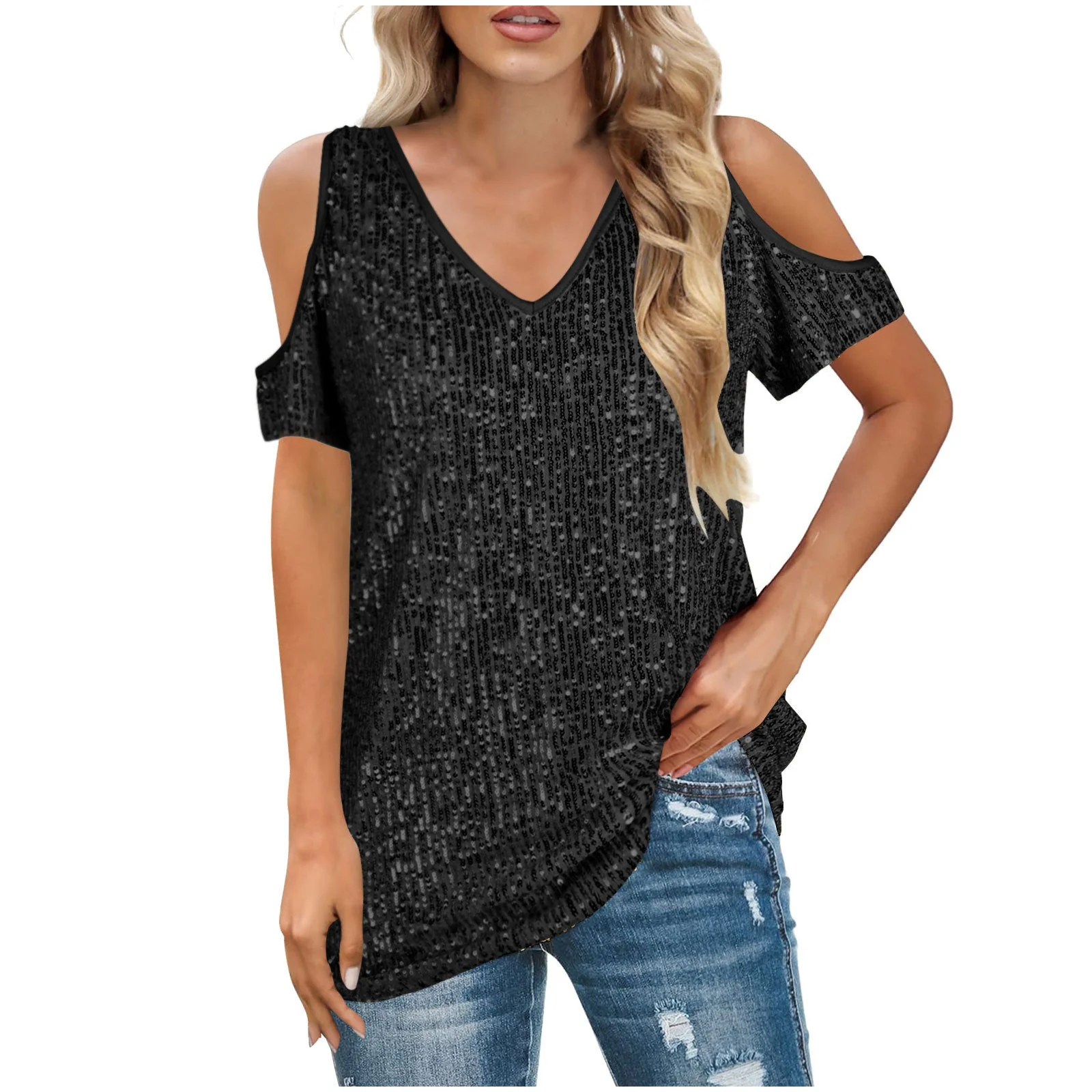 Women's Top – V-neck – Cold Shoulder – Relaxed Fit – Sequined Front - Image 4