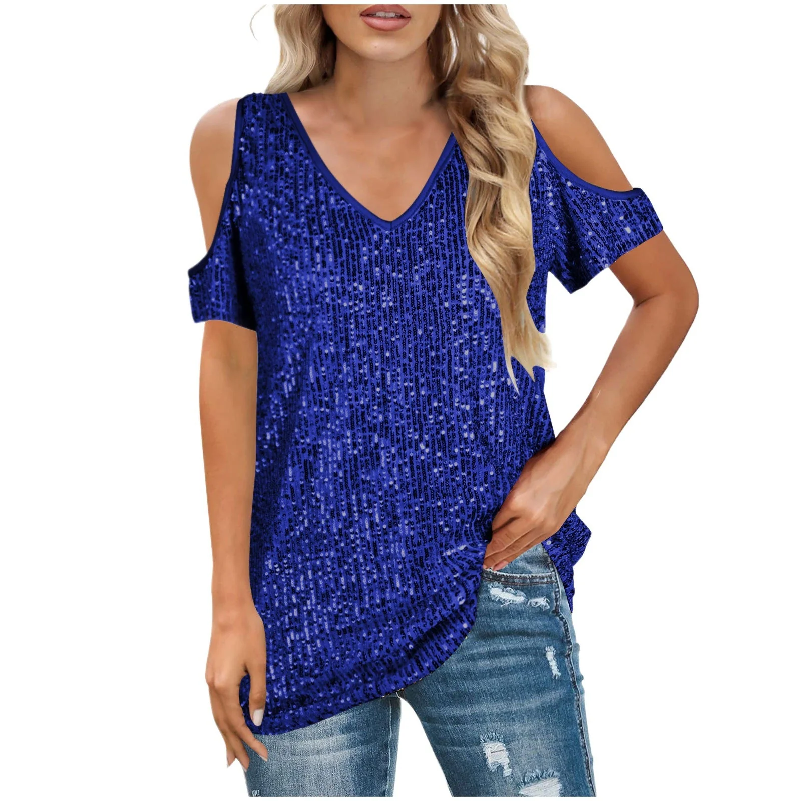 Women's Top – V-neck – Cold Shoulder – Relaxed Fit – Sequined Front - Image 5