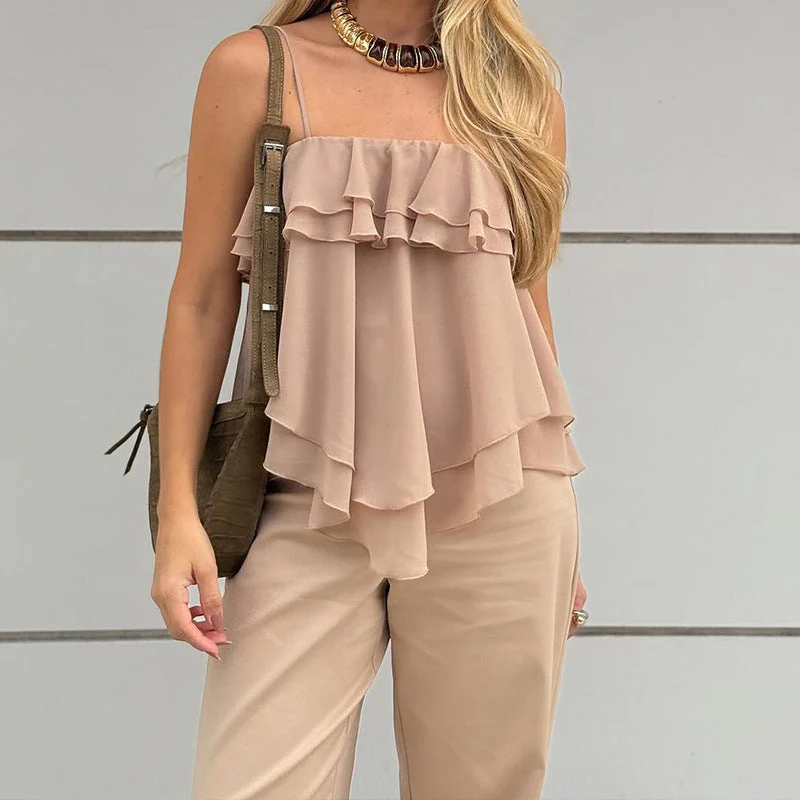 Ladies Top Without Sleeves – Loose Fitting Model – Layered Ruffles – Airy Fabric - Image 2