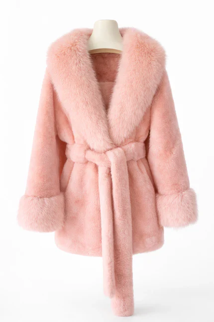 Isabella Faux Fur Trim Belted Coat – Plush Finish – Statement Collar - Image 2