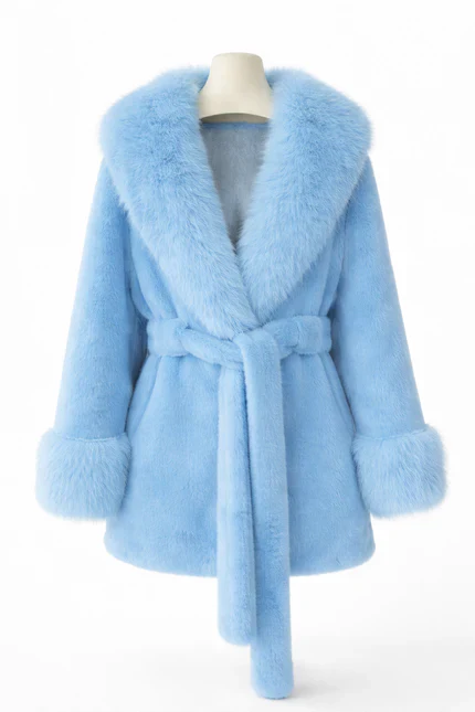 Isabella Faux Fur Trim Belted Coat – Plush Finish – Statement Collar - Image 3