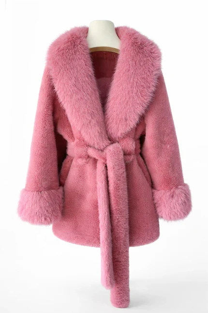 Isabella Faux Fur Trim Belted Coat – Plush Finish – Statement Collar - Image 4