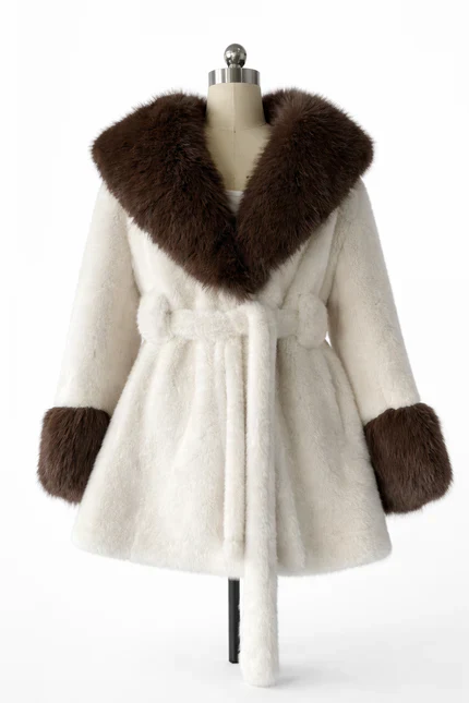 Isabella Faux Fur Trim Belted Coat – Plush Finish – Statement Collar - Image 5