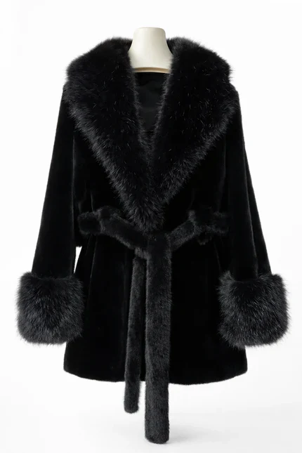Isabella Faux Fur Trim Belted Coat – Plush Finish – Statement Collar - Image 6