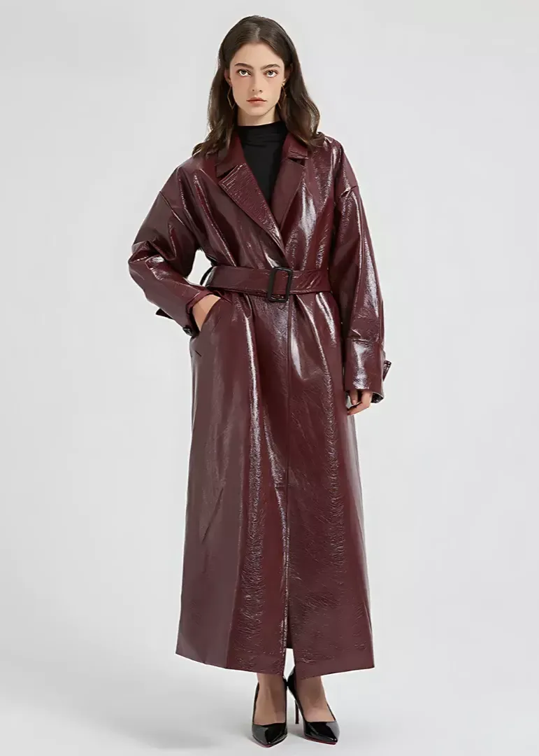 Women's Trenchcoat – Shiny Vegan Leather – Slim Fit – Full Length – With Belt - Image 2