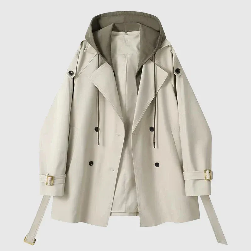 Women's Trench Coat – Oversized Fit – Cotton – Hood – Double-Breasted – Belt - Image 2