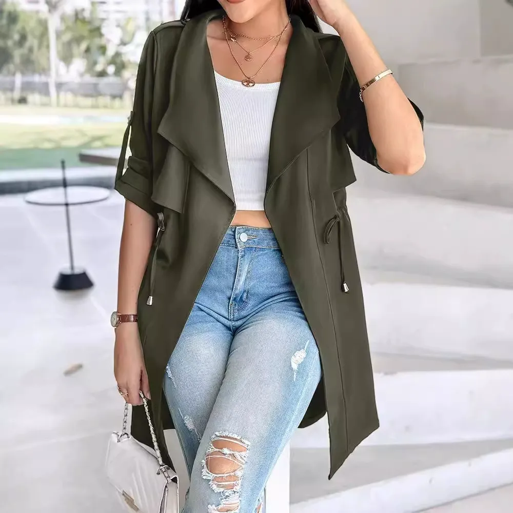 Ladies trench coat – Relaxed fit – Tie belt – Draped front – Rolled sleeves - Image 2