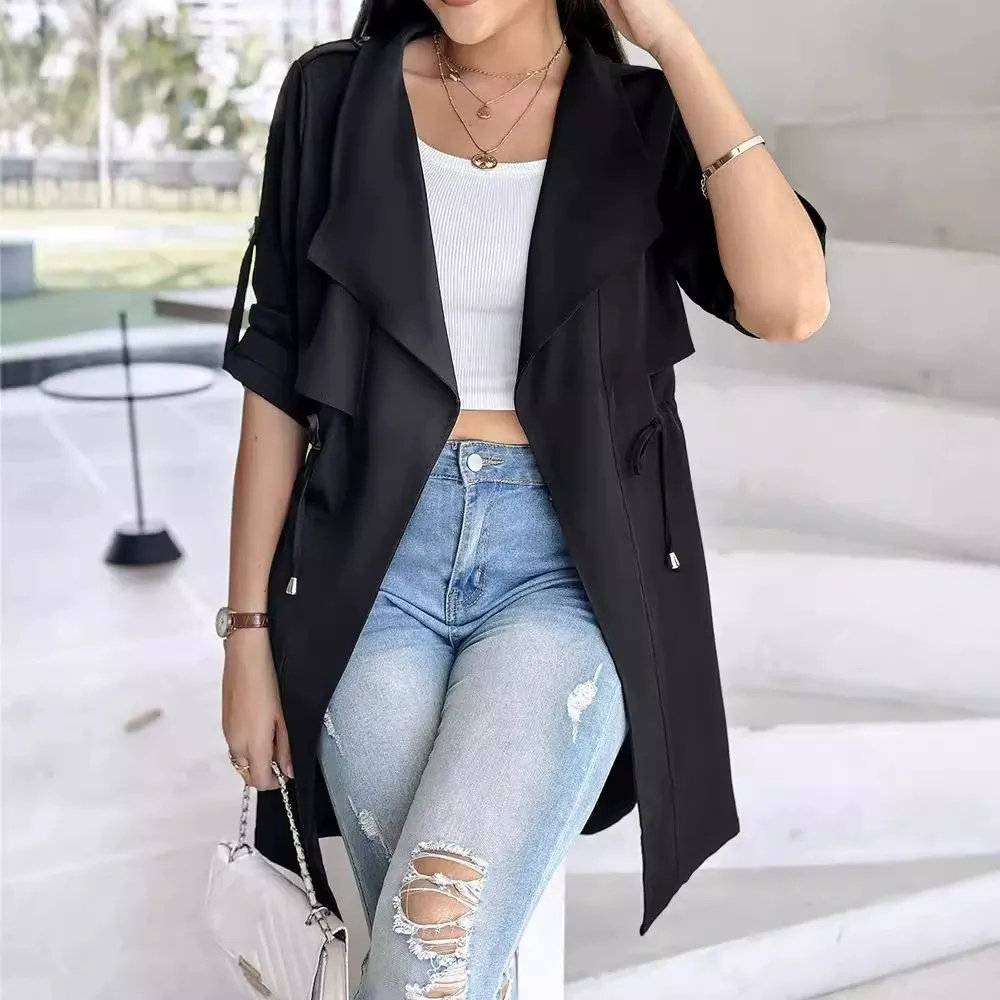 Ladies trench coat – Relaxed fit – Tie belt – Draped front – Rolled sleeves - Image 3