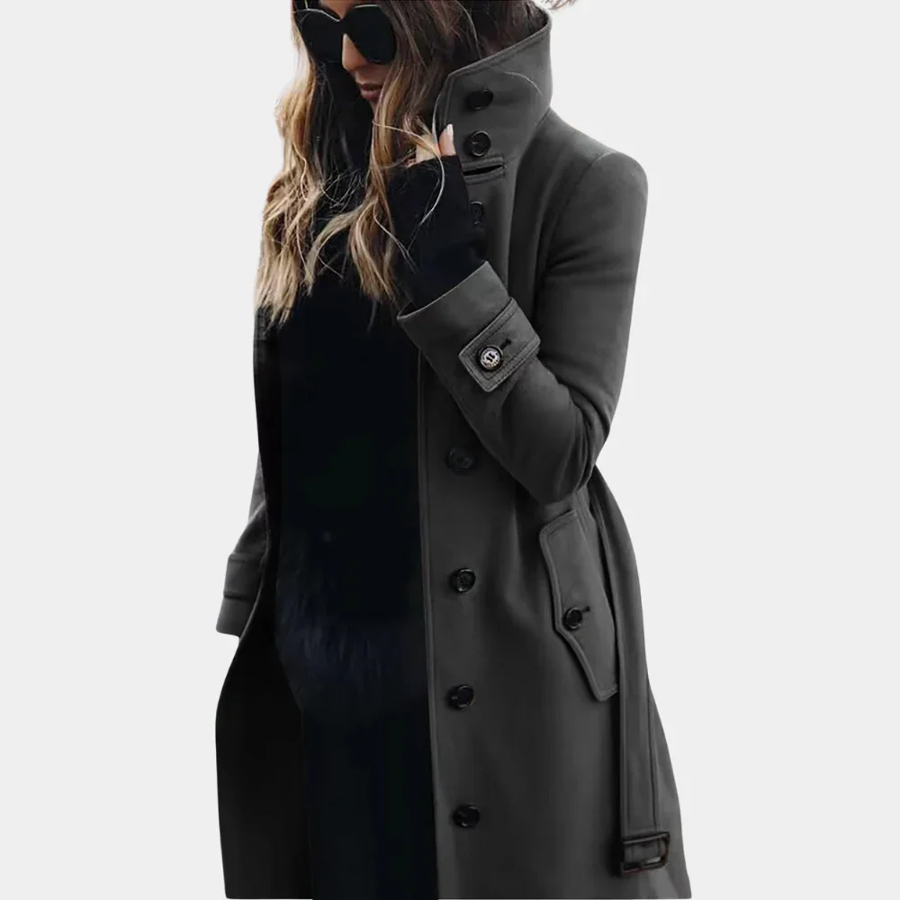 Ladies Trenchcoat – Tailored Fit – Wool Look – Full Length – Belt – Button Closure - Image 2