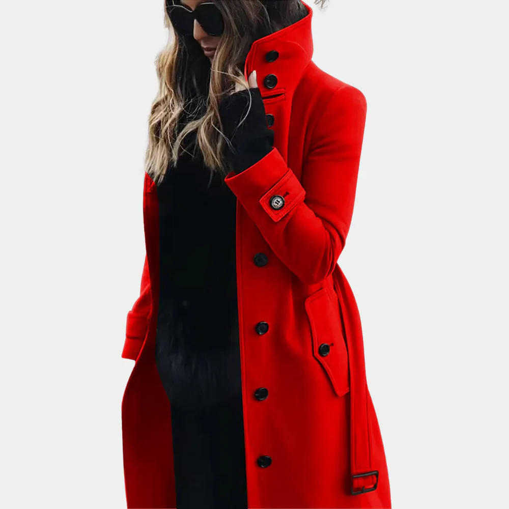 Ladies Trenchcoat – Tailored Fit – Wool Look – Full Length – Belt – Button Closure - Image 3