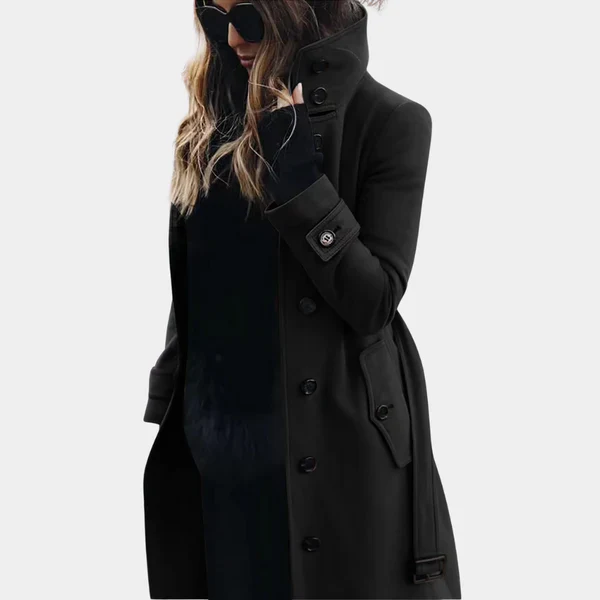Ladies Trenchcoat – Tailored Fit – Wool Look – Full Length – Belt – Button Closure - Image 4