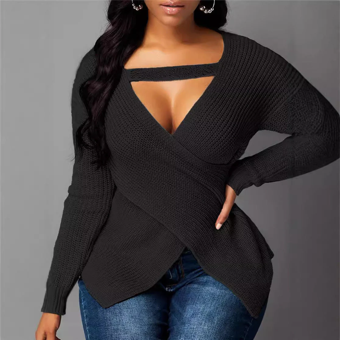 Women's sweater – Fitted model – Asymmetrical V-neck – Cotton blend – Long sleeve - Image 2