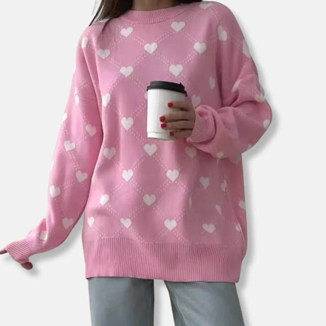 Women's Sweater – Loose Fit – Knitted – Heart Pattern – Round Neck – Ribbed Edges - Image 2