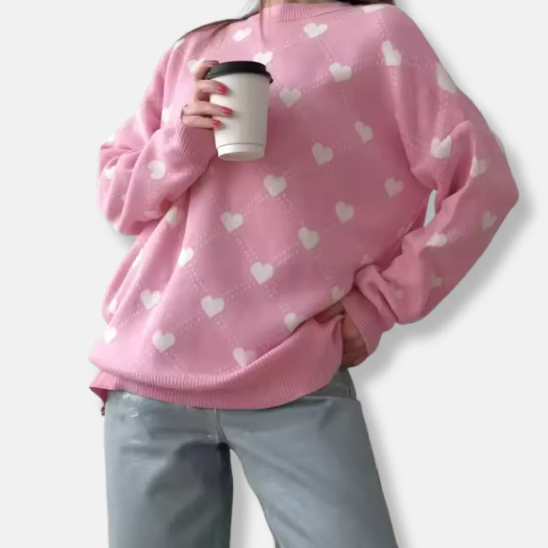 Women's Sweater – Loose Fit – Knitted – Heart Pattern – Round Neck – Ribbed Edges - Image 3