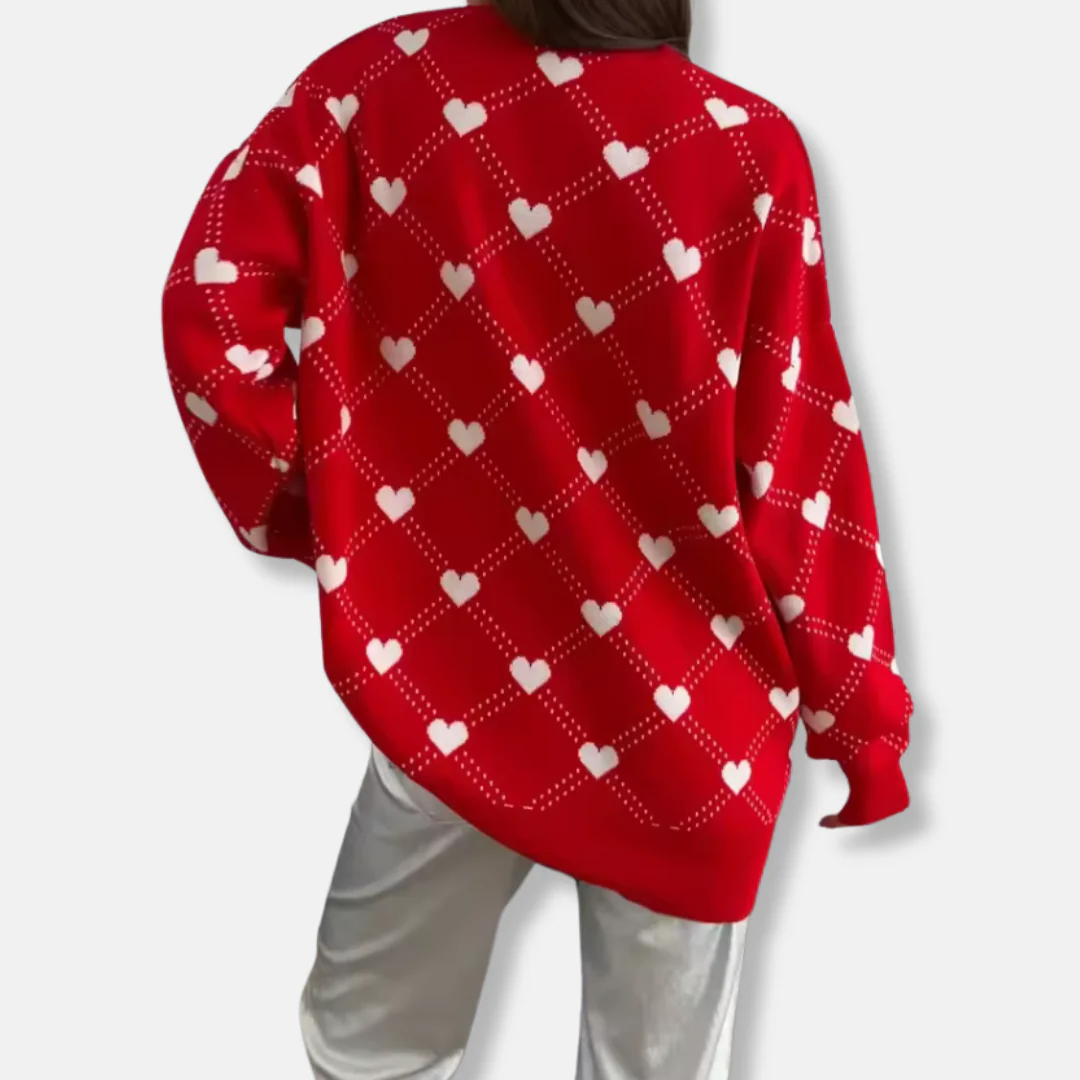 Women's Sweater – Loose Fit – Knitted – Heart Pattern – Round Neck – Ribbed Edges - Image 4