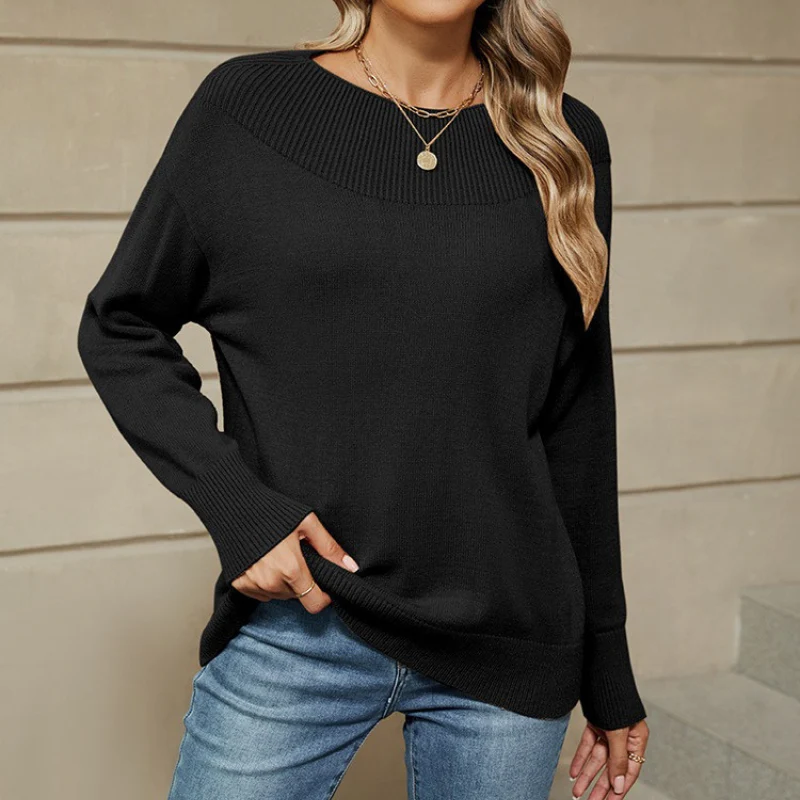 Ladies Sweater – Loose Fit – Cotton Blend – Ribbed Boat Neck – Long Sleeve