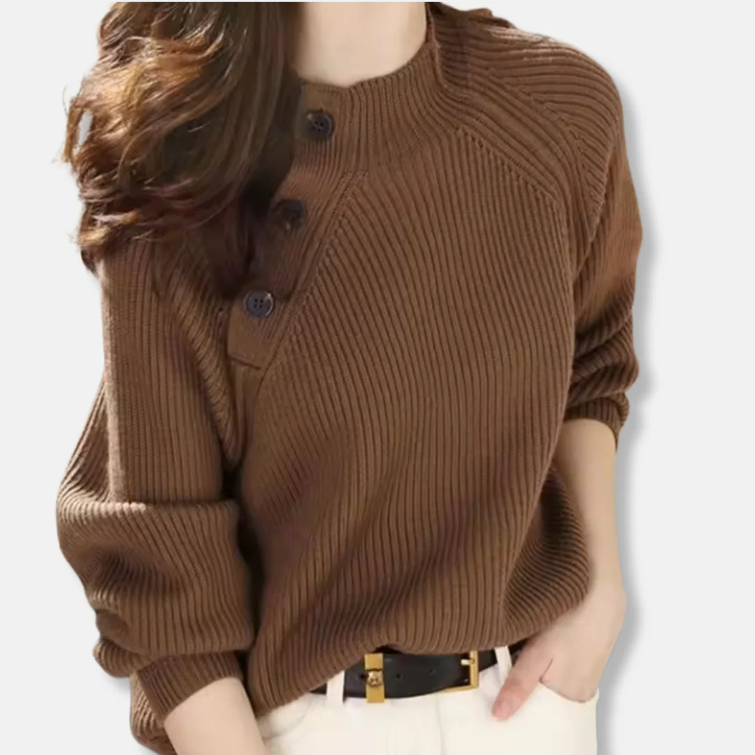 Women's sweater – Loose fit – Ribbed – Stand-up collar – Asymmetrical buttons