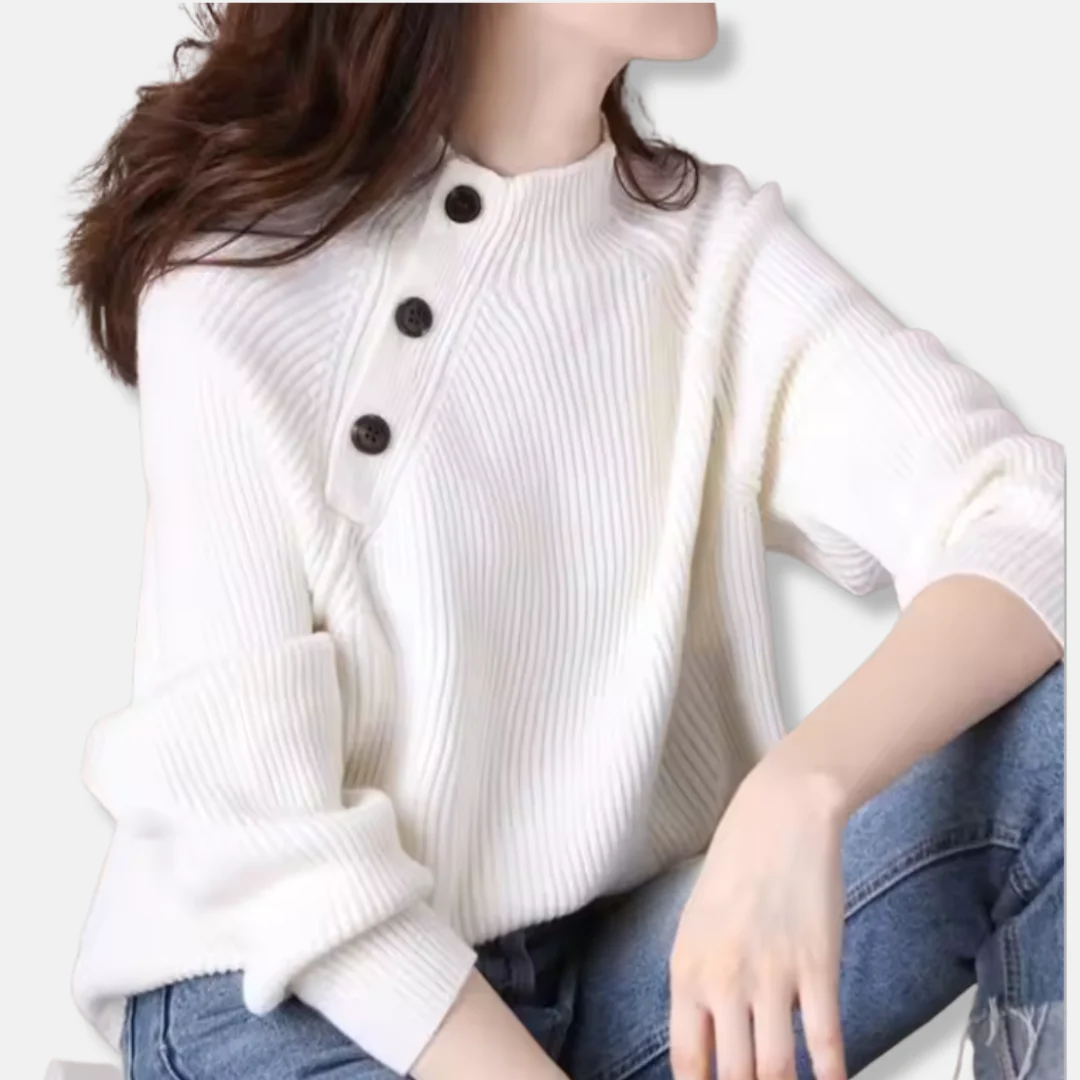 Women's sweater – Loose fit – Ribbed – Stand-up collar – Asymmetrical buttons - Image 2