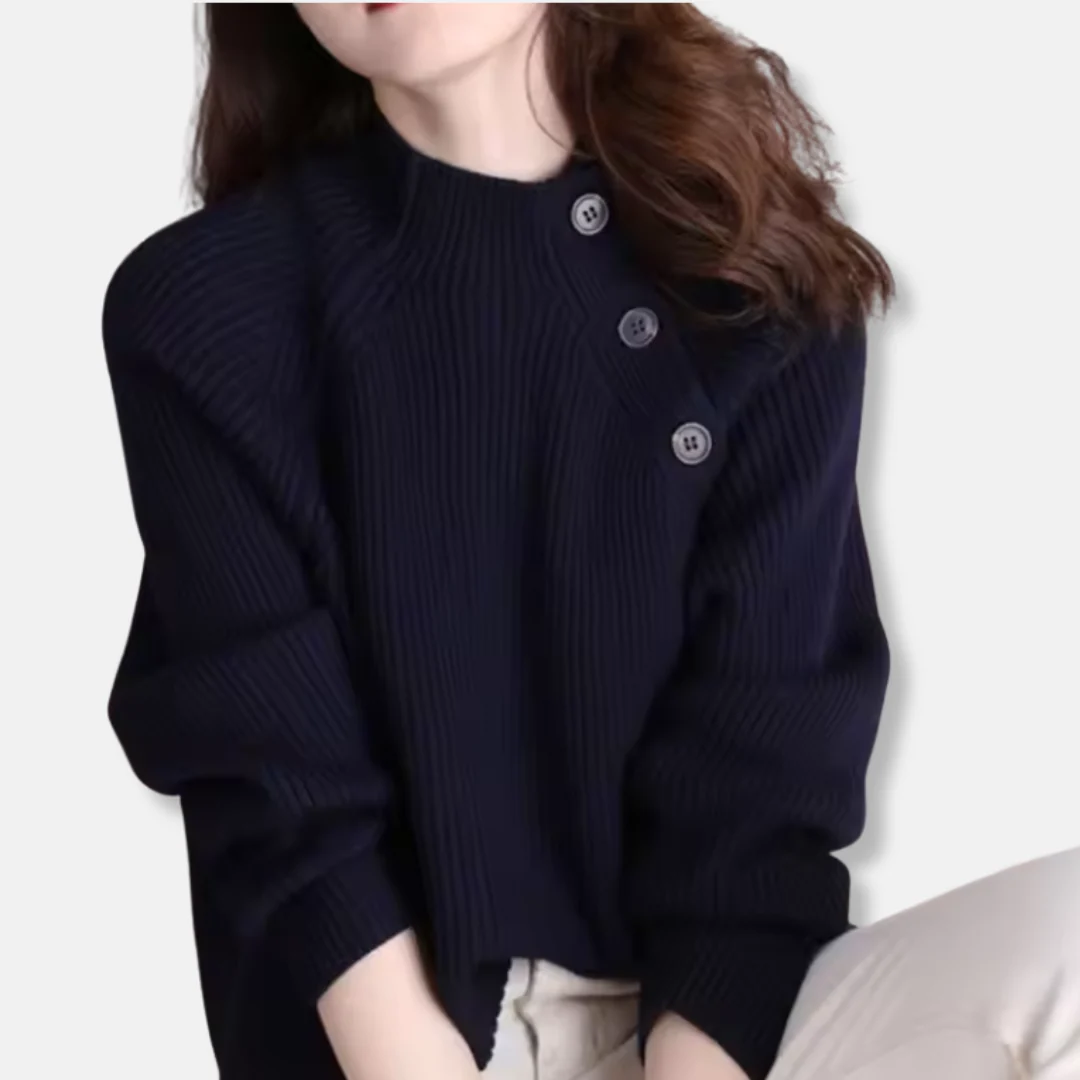 Women's sweater – Loose fit – Ribbed – Stand-up collar – Asymmetrical buttons - Image 3