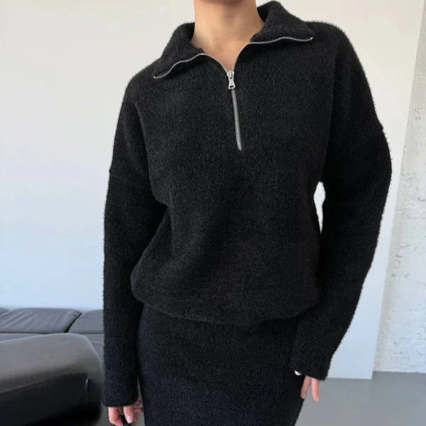Women's Sweater – Loose Fit – Wool Mix – Half Zip Collar – Hip Length - Image 2