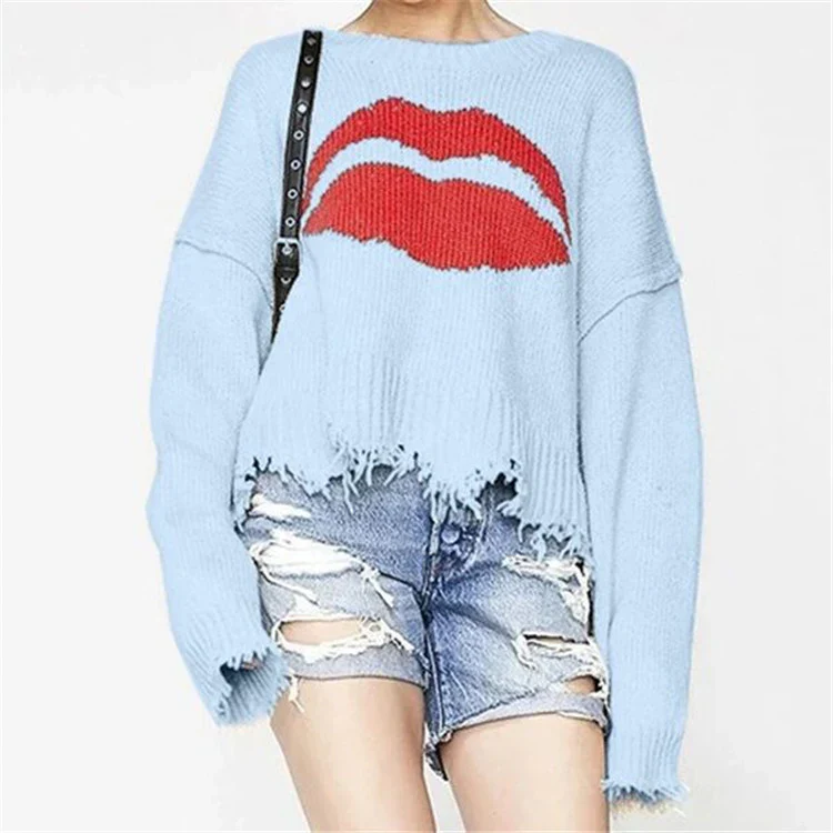 Women's Sweater – Oversized Fit – Chunky Knit – Lip Print – Fringe Hem - Image 2