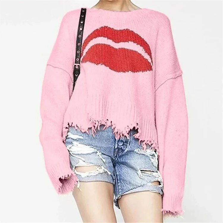 Women's Sweater – Oversized Fit – Chunky Knit – Lip Print – Fringe Hem - Image 3