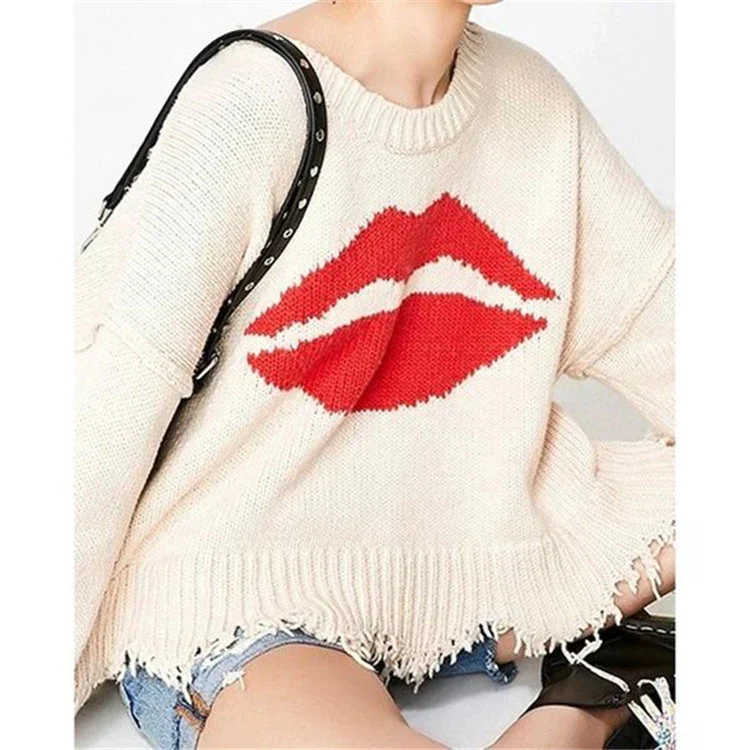 Women's Sweater – Oversized Fit – Chunky Knit – Lip Print – Fringe Hem - Image 4