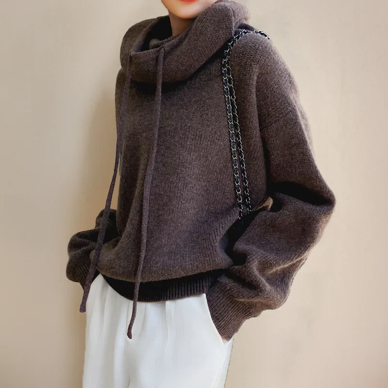 Women's Sweater – Oversized Fit – Turtleneck with Drawstring – Wool – Ribbed Trims – Casual - Image 3