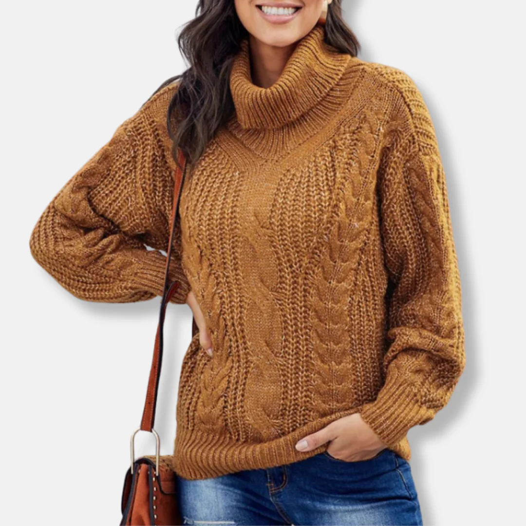 Women's Sweater – Oversized Fit – Cable Knit – High Ribbed Collar – Long Sleeves - Image 2
