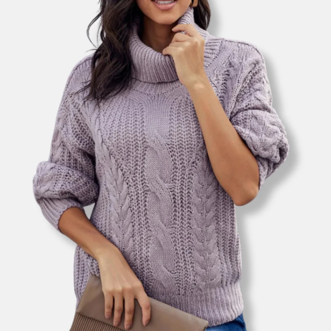 Women's Sweater – Oversized Fit – Cable Knit – High Ribbed Collar – Long Sleeves - Image 3