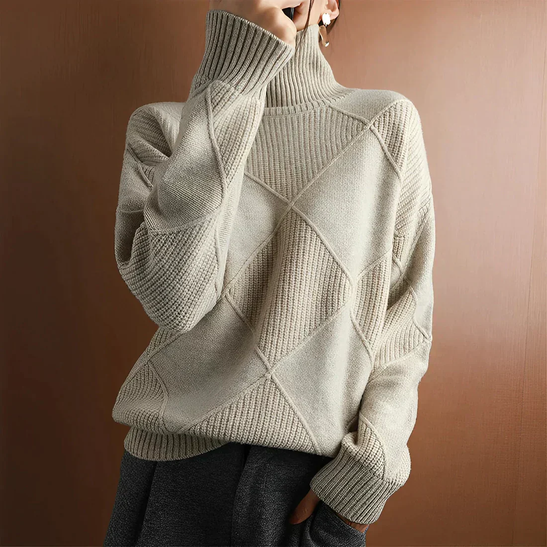 Women's Sweater – Oversized Fit – Wool Mix – High Neck – Geometric Knitted Design - Image 2