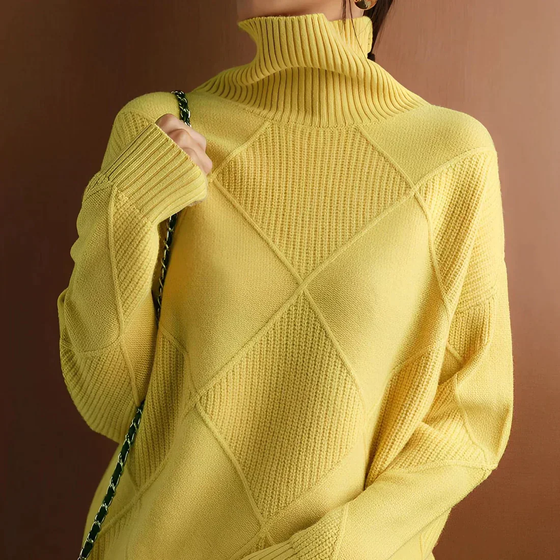 Women's Sweater – Oversized Fit – Wool Mix – High Neck – Geometric Knitted Design - Image 3
