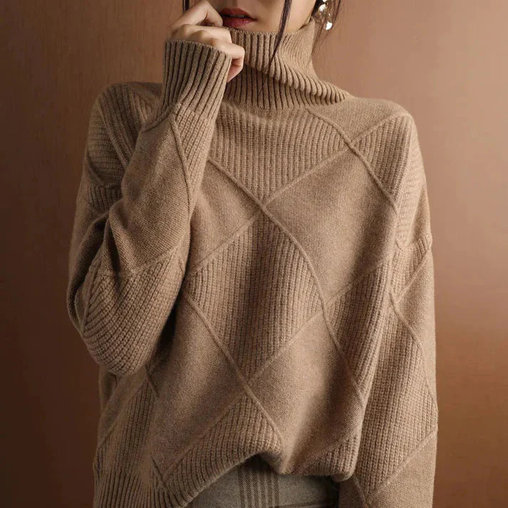 Women's Sweater – Oversized Fit – Wool Mix – High Neck – Geometric Knitted Design - Image 4