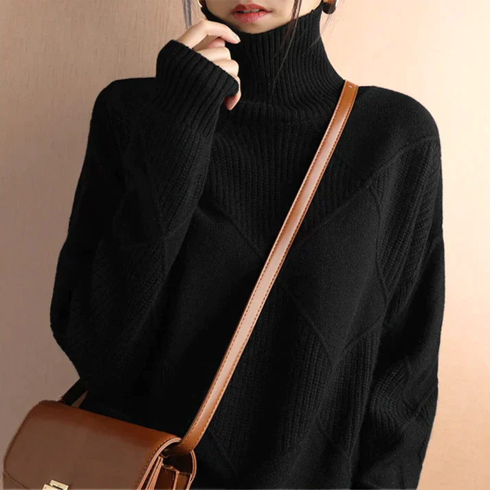 Women's Sweater – Oversized Fit – Wool Mix – High Neck – Geometric Knitted Design - Image 5