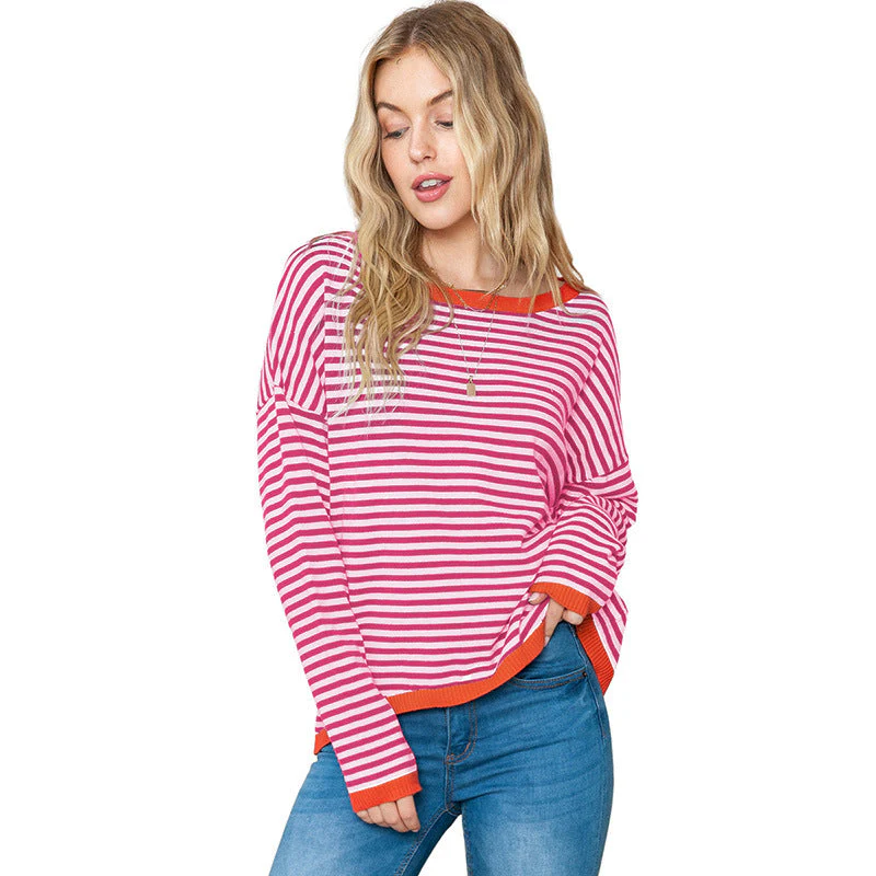 Women's Sweater – Relaxed Fit – Knitted – Striped – Drop Shoulder – Contrast Ribbing - Image 2