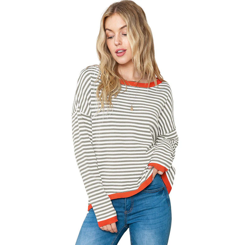 Women's Sweater – Relaxed Fit – Knitted – Striped – Drop Shoulder – Contrast Ribbing - Image 3