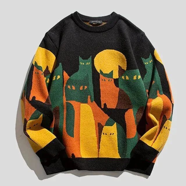 Ladies Sweater – Relaxed Fit – Knitted Wool Blend – Cat Print – Long Sleeves - Image 2