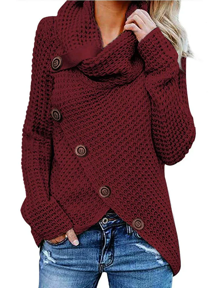 Women's Sweater – Relaxed Fit – Waffle Texture – Turtleneck – Asymmetrical Hem – Buttons - Image 2