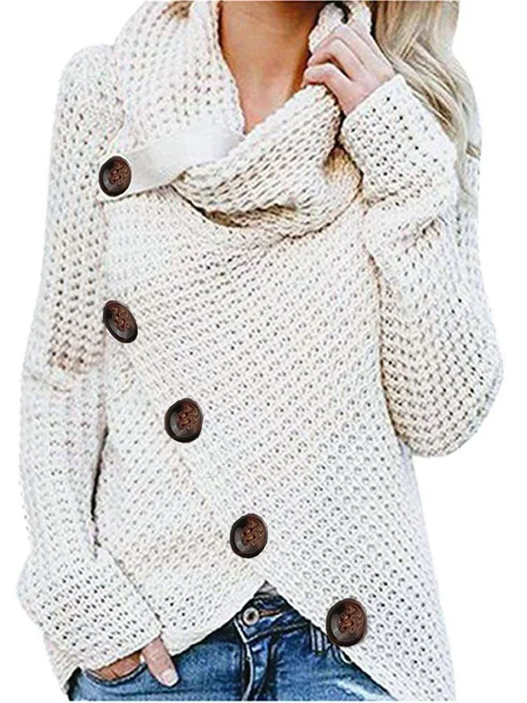 Women's Sweater – Relaxed Fit – Waffle Texture – Turtleneck – Asymmetrical Hem – Buttons - Image 3
