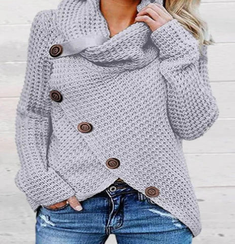 Women's Sweater – Relaxed Fit – Waffle Texture – Turtleneck – Asymmetrical Hem – Buttons - Image 5