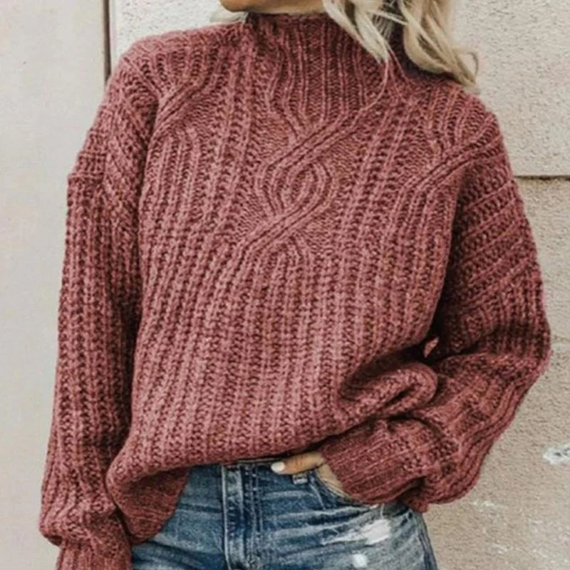 Ladies Sweater – Relaxed Fit – Wool Look – Chunky Cable Knit – High Neck - Image 2