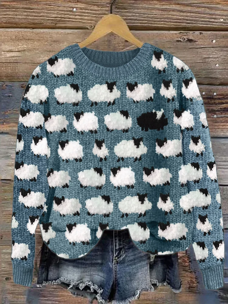 Women's 3D Printed Sweater – Relaxed Fit – Round Neck – Sheep Pattern - Image 2