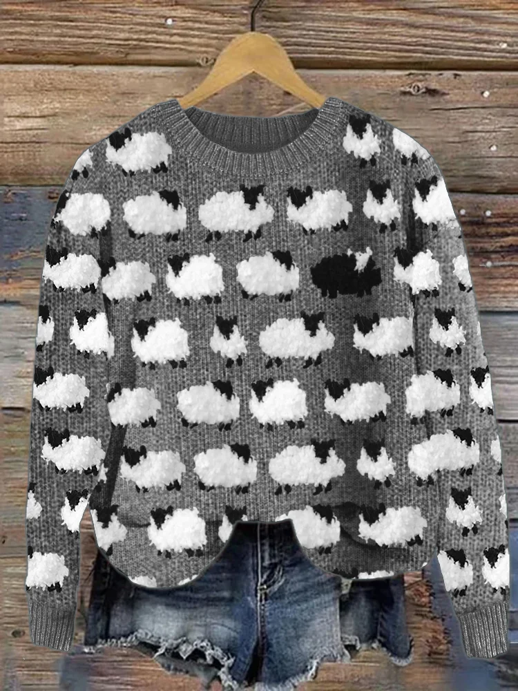Women's 3D Printed Sweater – Relaxed Fit – Round Neck – Sheep Pattern - Image 3