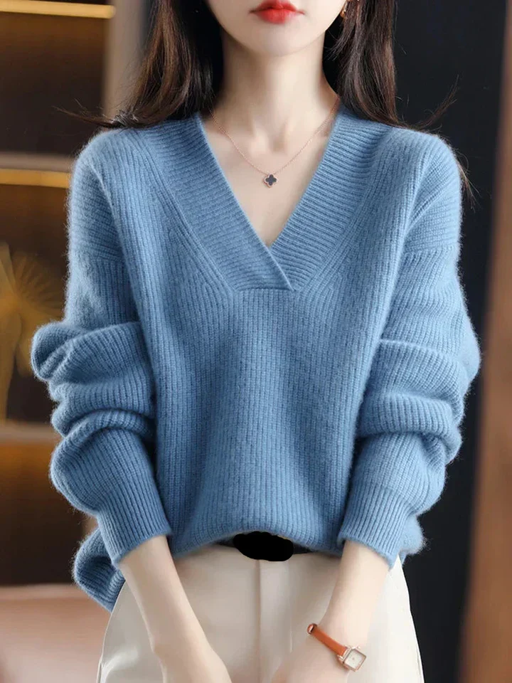 Women's Sweater – V-neck – Soft Knit Fabric – Relaxed Fit – Long Sleeves – Ribbed Hems - Image 2