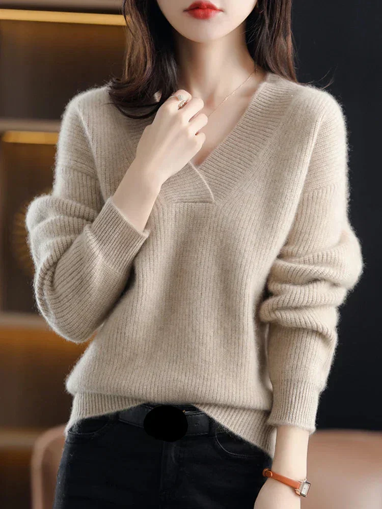 Women's Sweater – V-neck – Soft Knit Fabric – Relaxed Fit – Long Sleeves – Ribbed Hems - Image 3