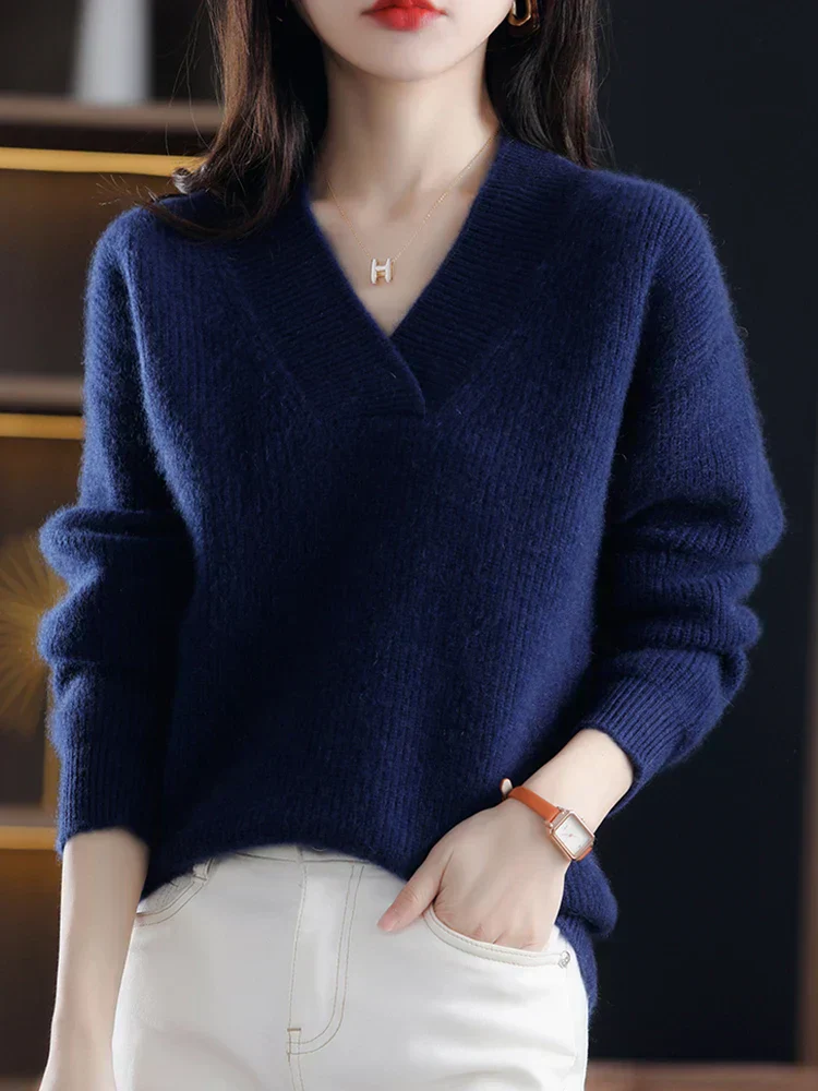 Women's Sweater – V-neck – Soft Knit Fabric – Relaxed Fit – Long Sleeves – Ribbed Hems - Image 4
